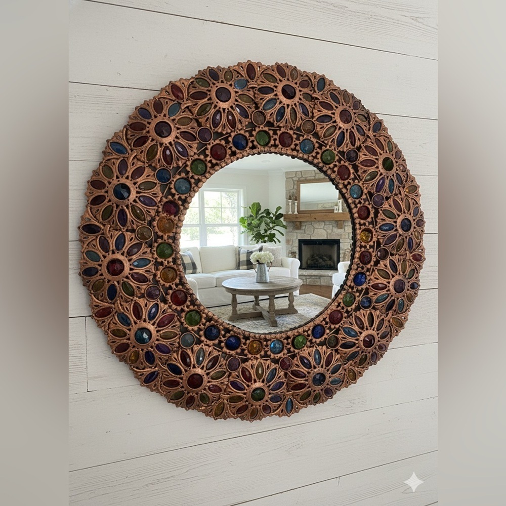 Pier 1 Round Mosaic Mirror 28” Jeweled Glass Boho Wall Decor